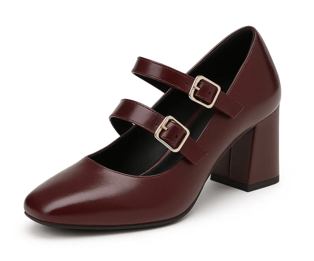 Wine Red Mary Jane Block Heel Pumps